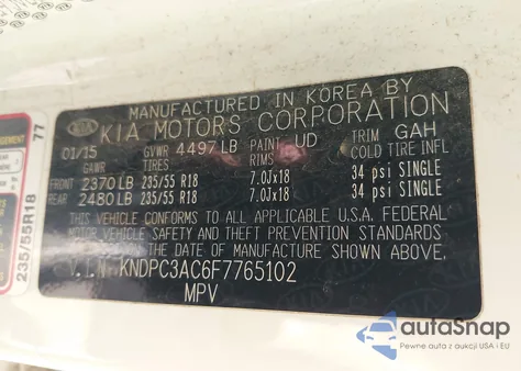 2015 Kia Sportage Ex z USA, uszkodzony, nr VIN KNDPC3AC6F7765102